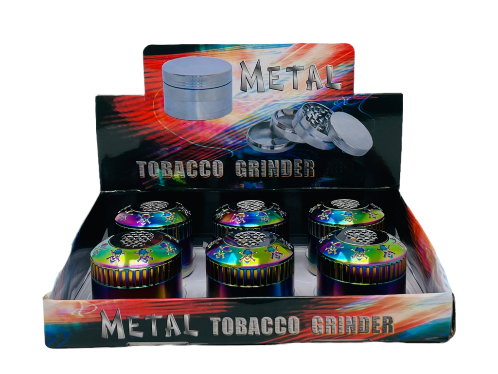 TOBACCO GRINDER 4 PARTS RAINBOW SKULL DESIGN #TG4-52GRA-SK BOX OF 6