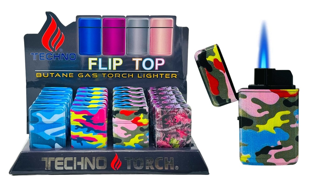 TECHNO TORCH #19607-NC CAMOUFLAGE DESIGN FLIP TOP TORCH LIGHTERS BOX OF 20